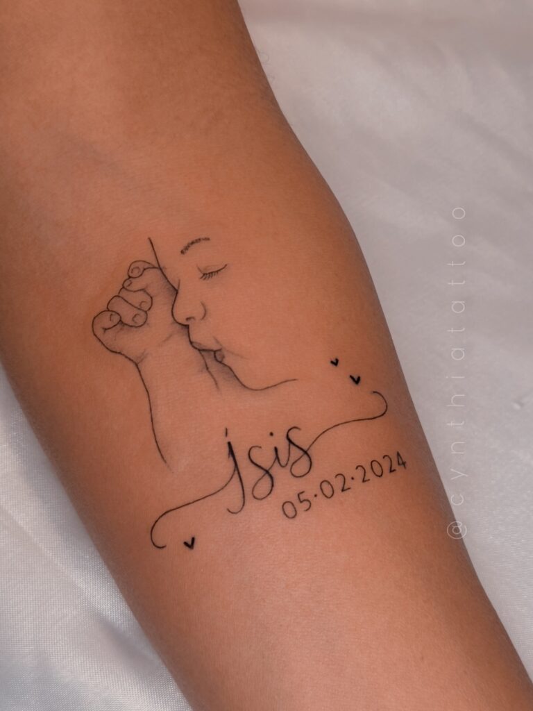 Fine Line Baby Portrait Tattoo with Name and Date Tattoo Design