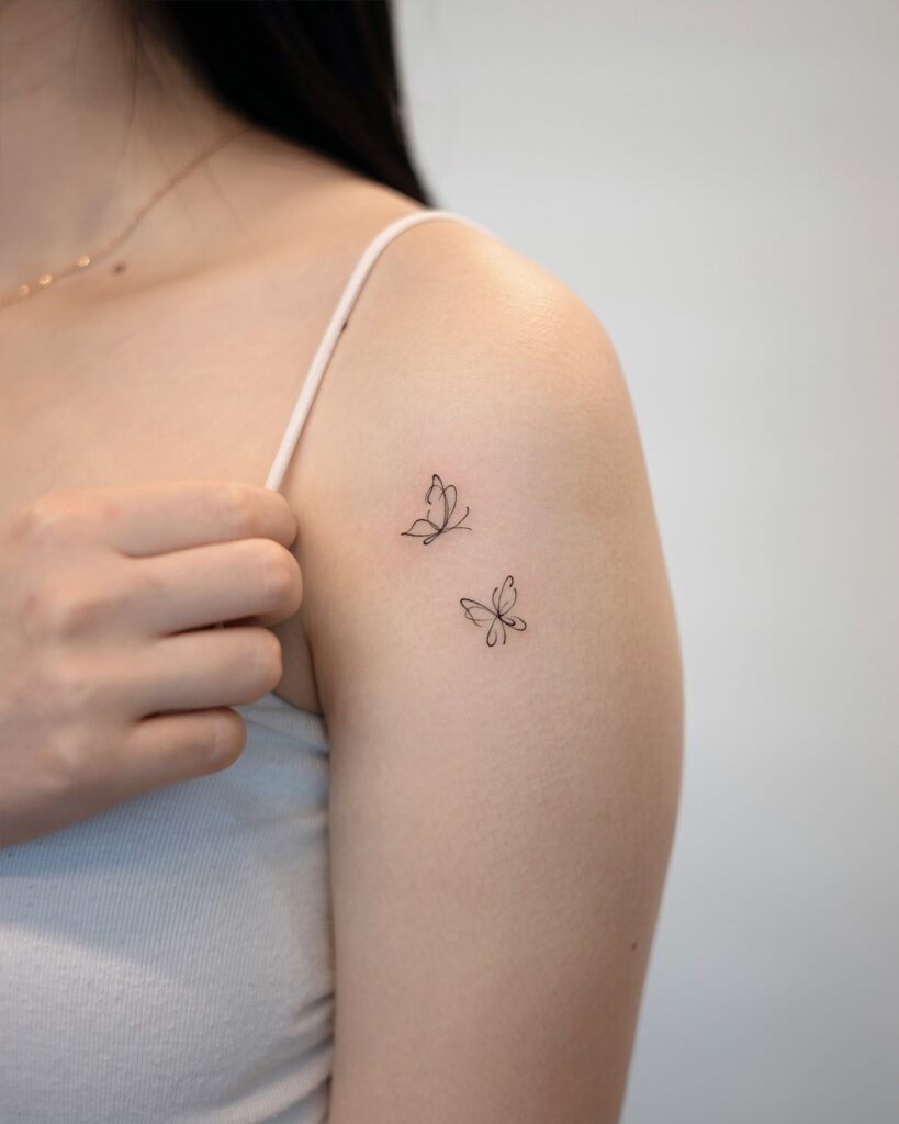 Fine Line Butterfly Pair Tattoo on Shoulder Tattoo Design