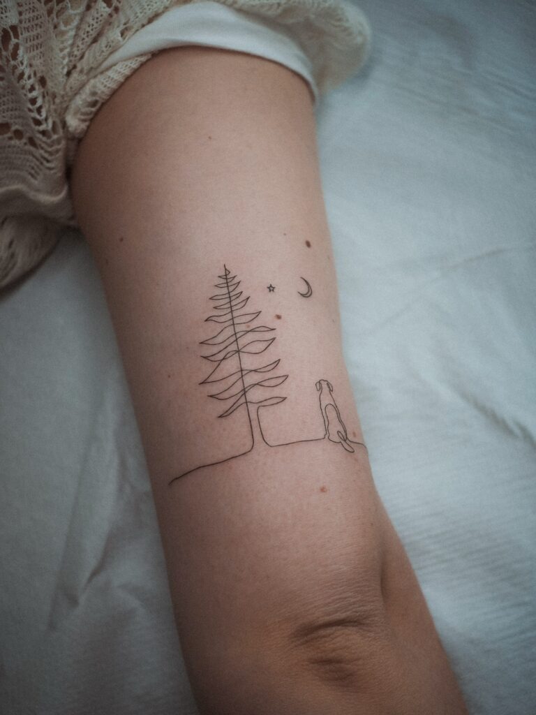 Fine Line Dog and Tree Tattoo with Moon and Star Tattoo Design