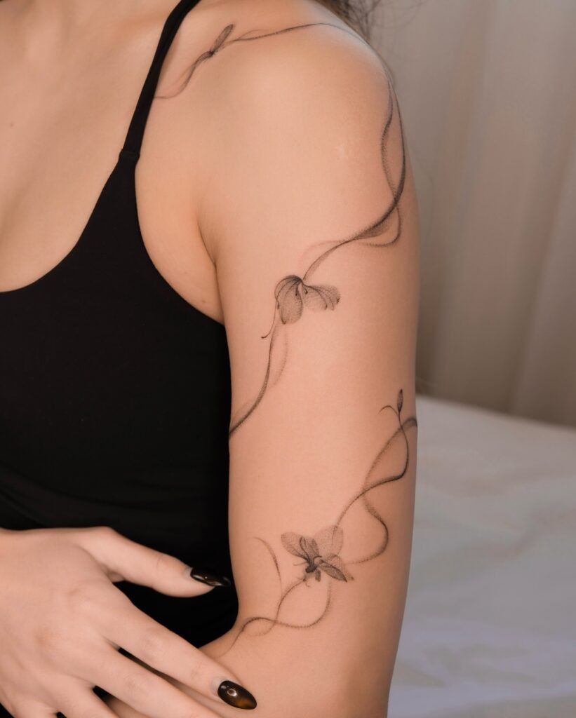 Fine Line Iris Flower with Smoky Flow Tattoo Tattoo Design