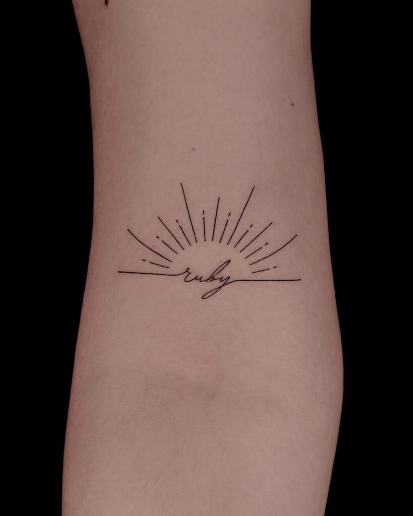 Fine Line Sunrise Tattoo with Name Tattoo Design