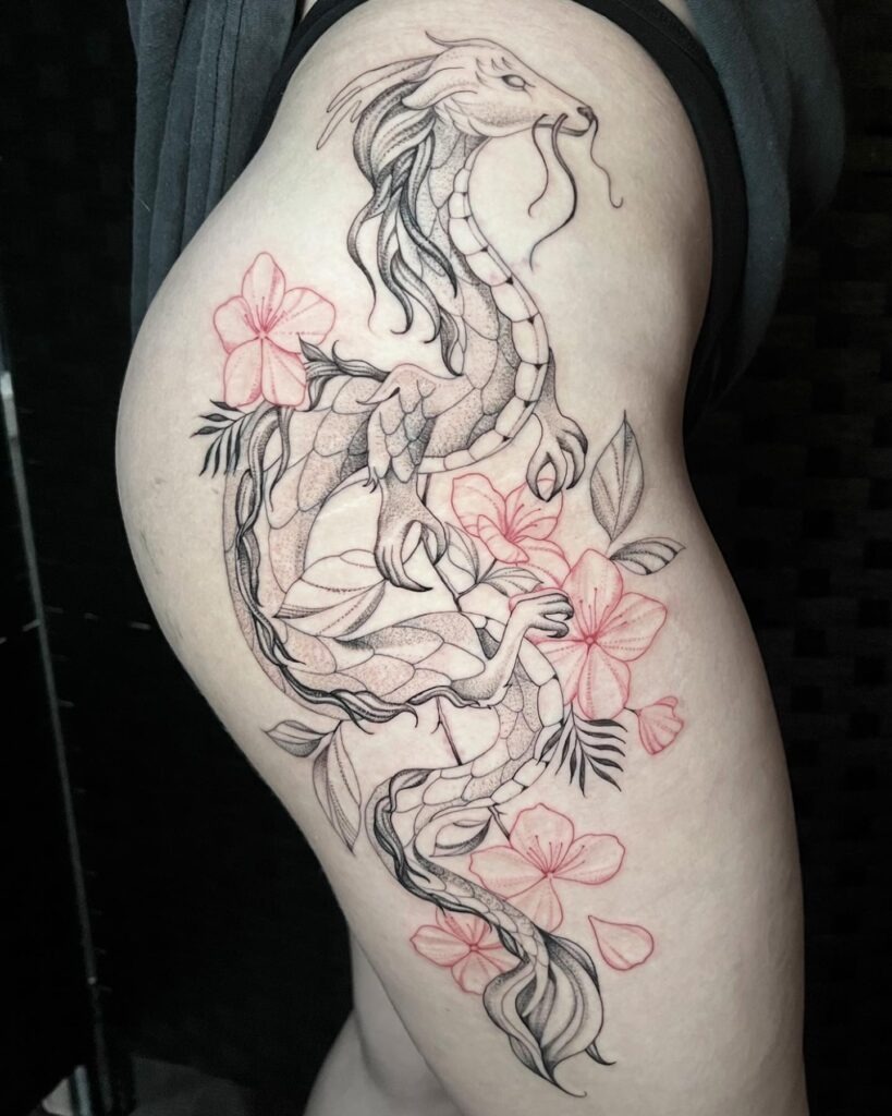 Floral Dragon Thigh Tattoo Tattoo Design