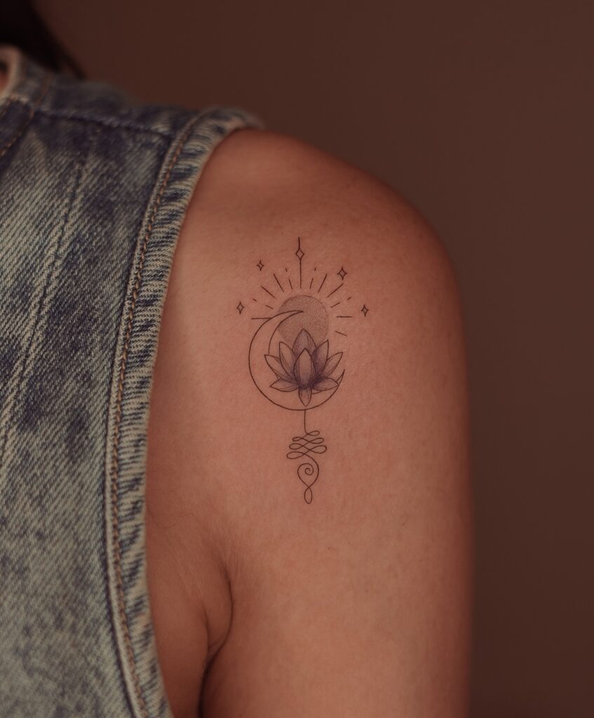 Lotus and Crescent Moon Fine Line Tattoo Tattoo Design