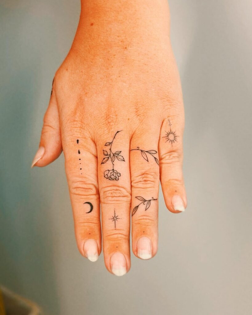 Moon and Botanical Finger Tattoos Tattoo Design