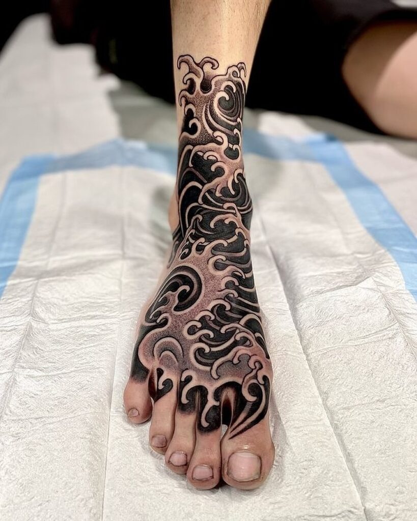 Bold Coffee Pot Foot Tattoo with Fiery Accents Tattoo Design