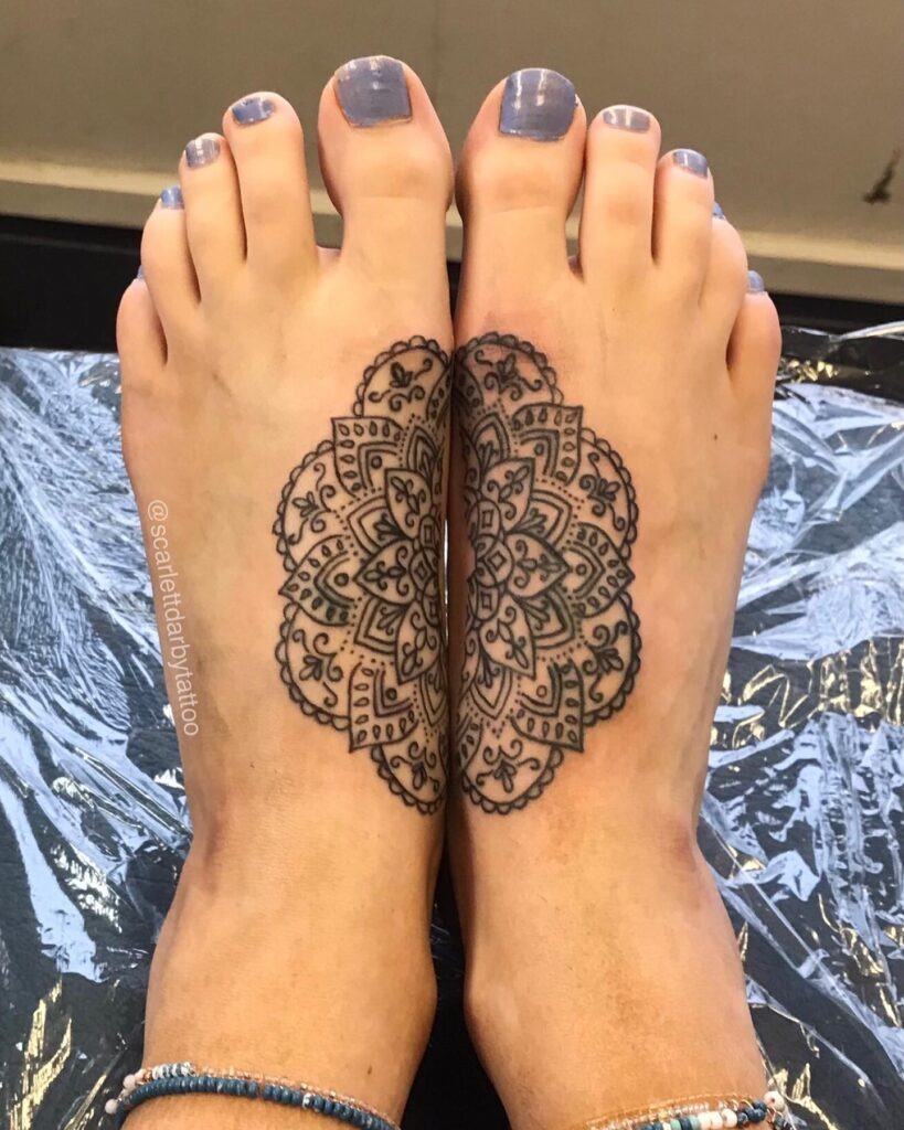 Bold Floral Foot and Ankle Tattoo with Intricate Mandala Accents Tattoo Design