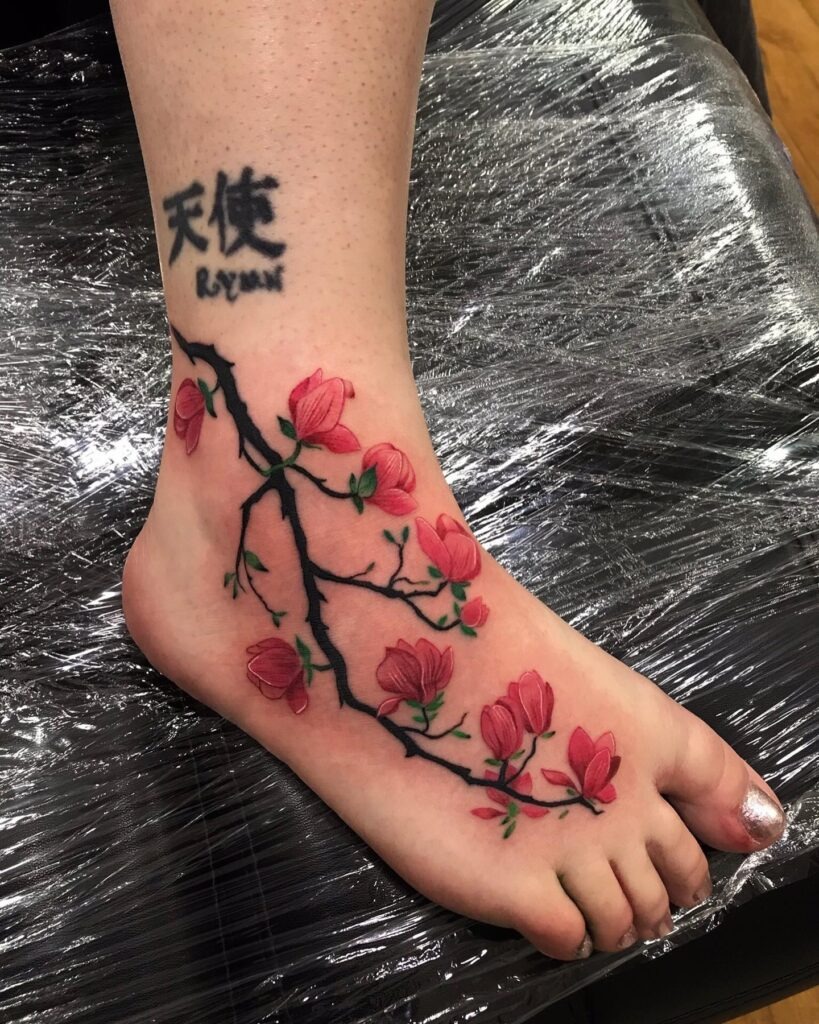 Classic Black Rose and Buds Foot Tattoo Tattoo Design
