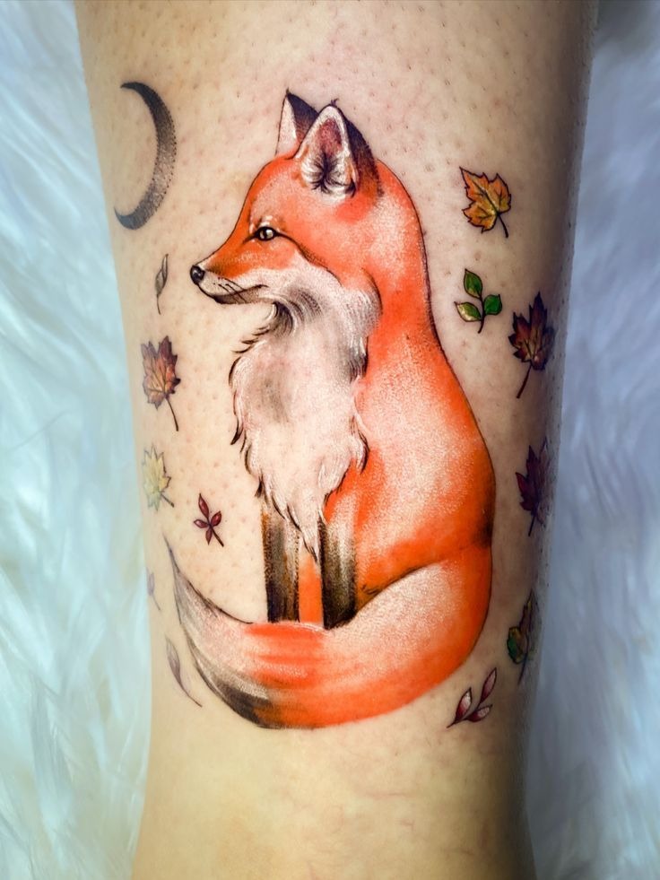 Autumn Fox with Crescent Moon Tattoo Design