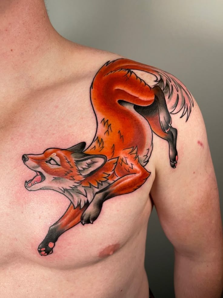Bold Traditional Fox on Chest Tattoo Design