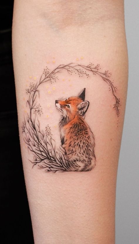 Botanical Circle and Sitting Fox Tattoo Design