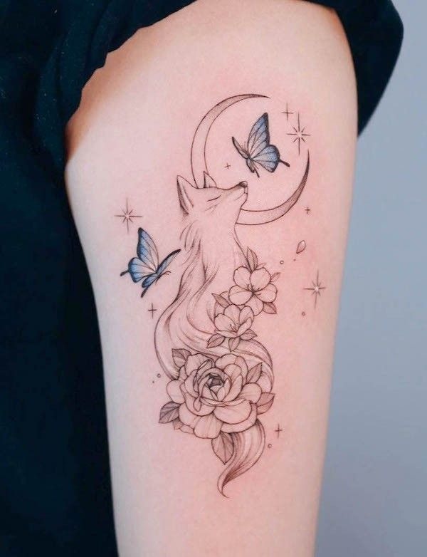 Celestial Fox and Butterfly Scene Tattoo Design