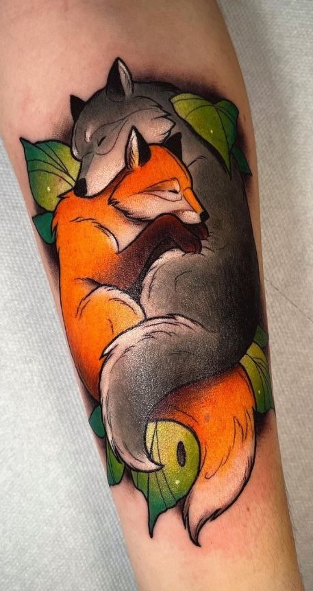 Cozy Sleeping Foxes in Embrace Tattoo Design