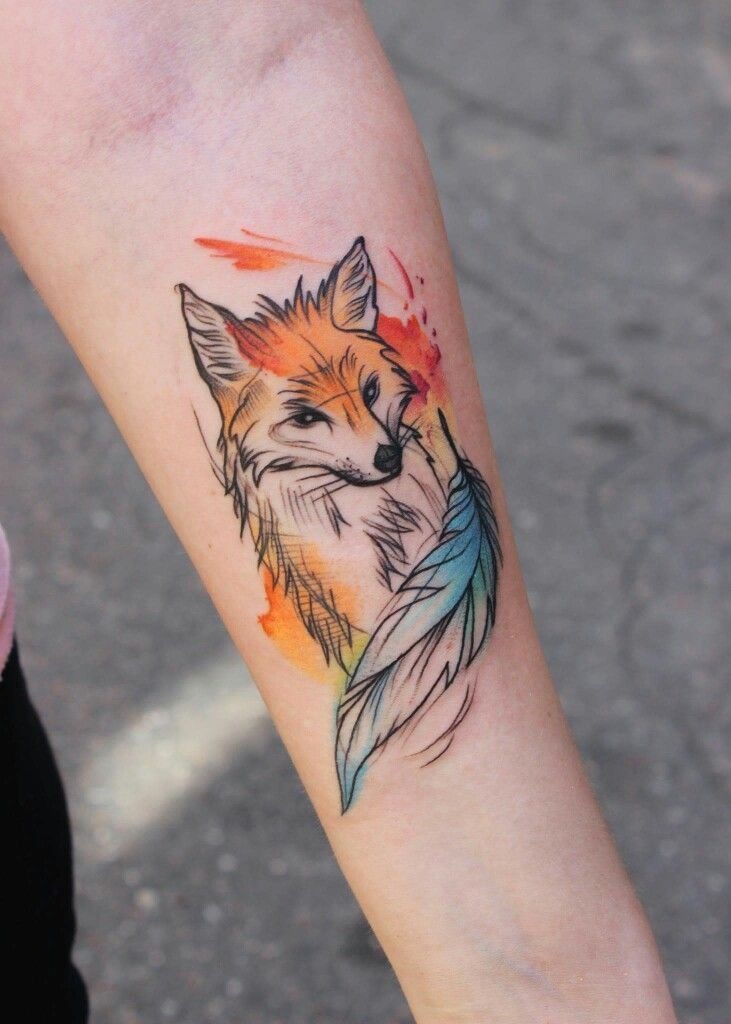 Feathered Fox with Watercolor Flair Tattoo Design