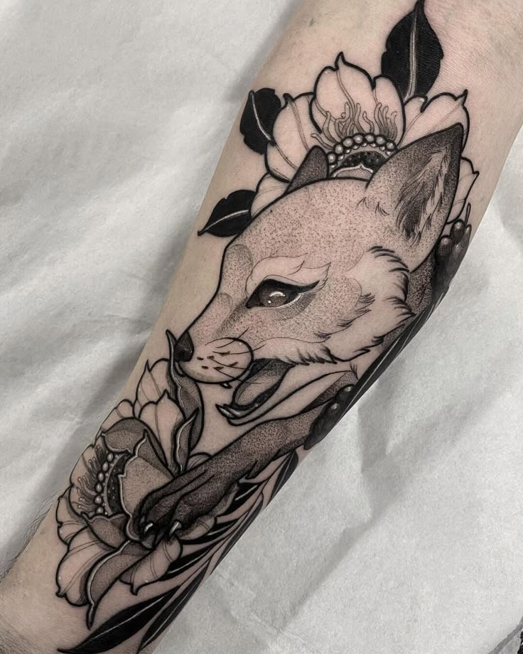 Fierce Fox in Black and White Florals Tattoo Design