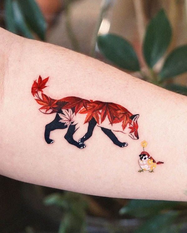 Fox with Leaf Cloak and Bird Companion Tattoo Design
