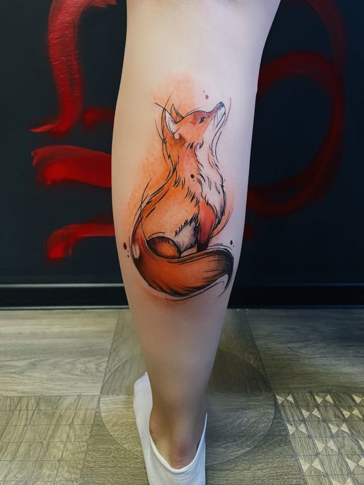 Leg Fox Tattoo with Spiraling Tail Tattoo Design