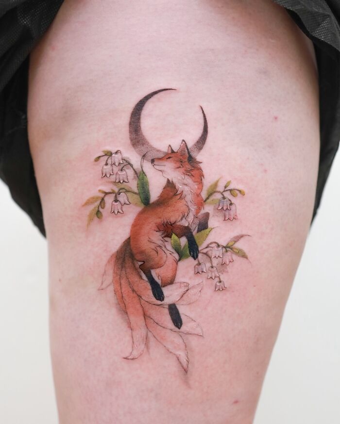 Moonlit Fox with Bellflowers Tattoo Design