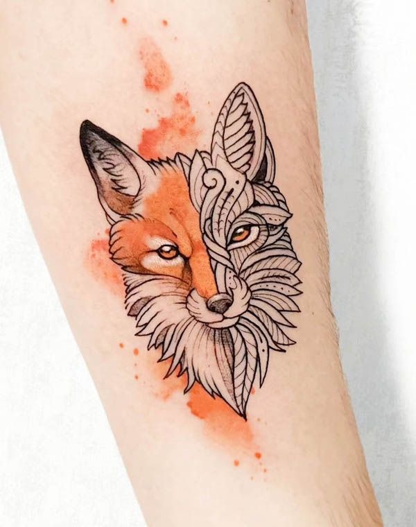 Split Style Fox with Geometric Flow Tattoo Design