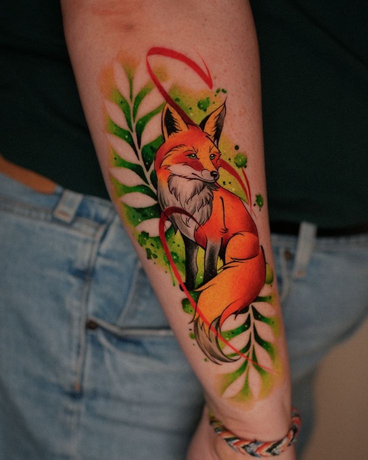 Vivid Fox in Green Foliage Tattoo Design