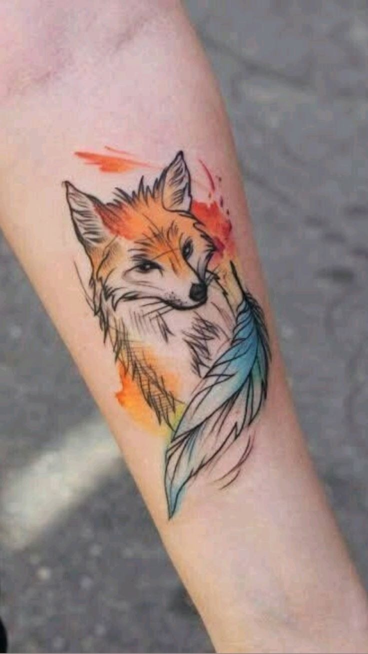 Watercolor Fox and Feather Duo Tattoo Design