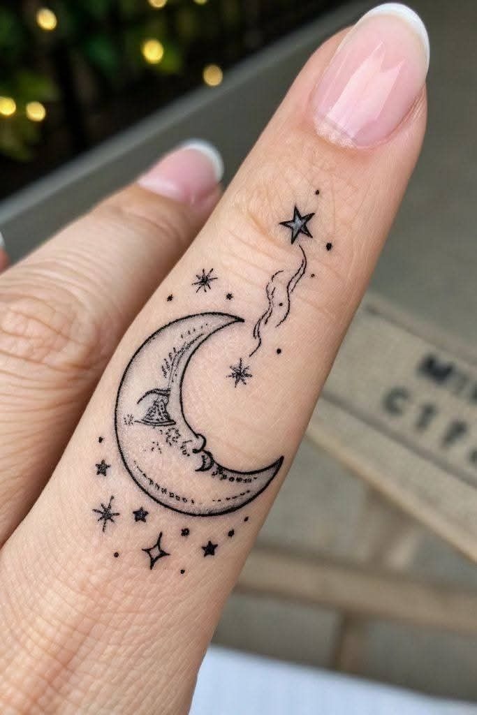 Celestial Moon Finger Tattoo Tattoo Design
