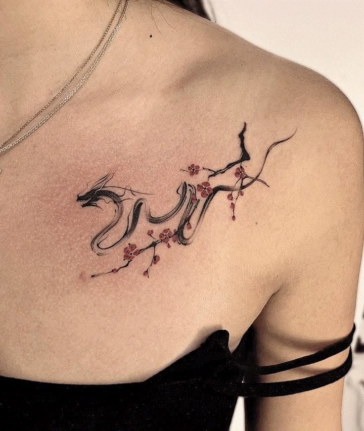 Dragon and Blossom Collarbone Tattoo Tattoo Design