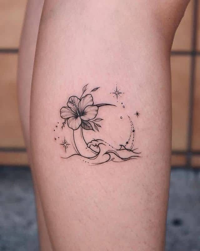 Hibiscus With Moon And Stars Tattoo Design