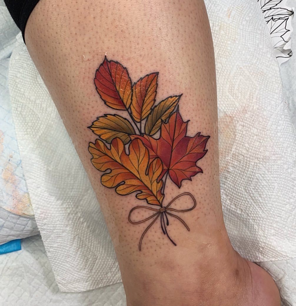 Autumn Leaf Bouquet with Bow Tattoo Design