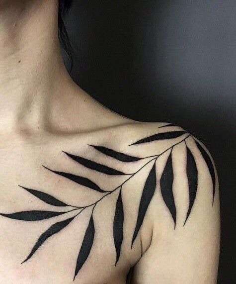 Bold Black Shoulder Frond Tattoo Design