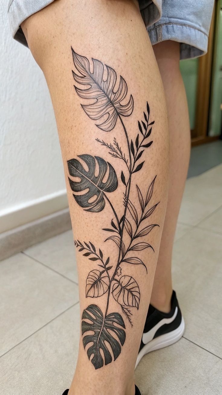 Botanical Arrangement on Calf Tattoo Design