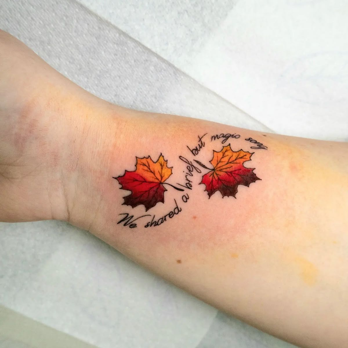 Matching Maple Leaves with Script Tattoo Design