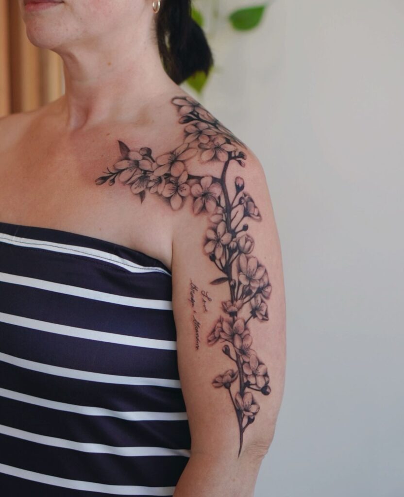 Cherry Blossom Half Sleeve Tattoo with Script Tattoo Design