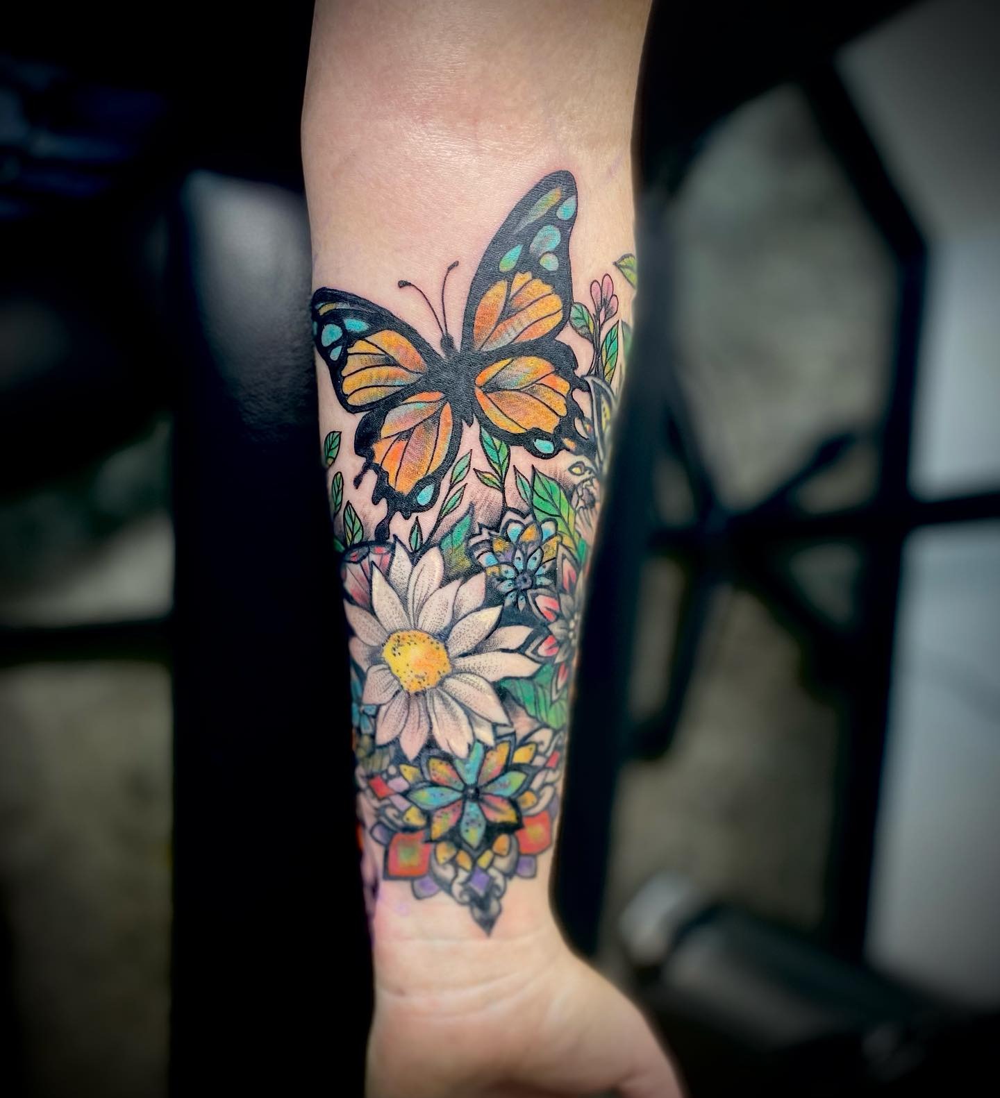 Colorful Butterfly and Floral Half Sleeve Tattoo Tattoo Design