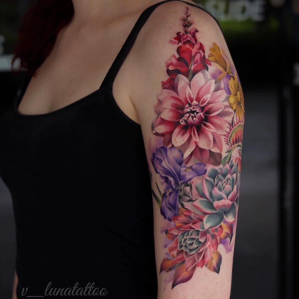 Colorful Floral Half Sleeve Tattoo with Succulents Tattoo Design