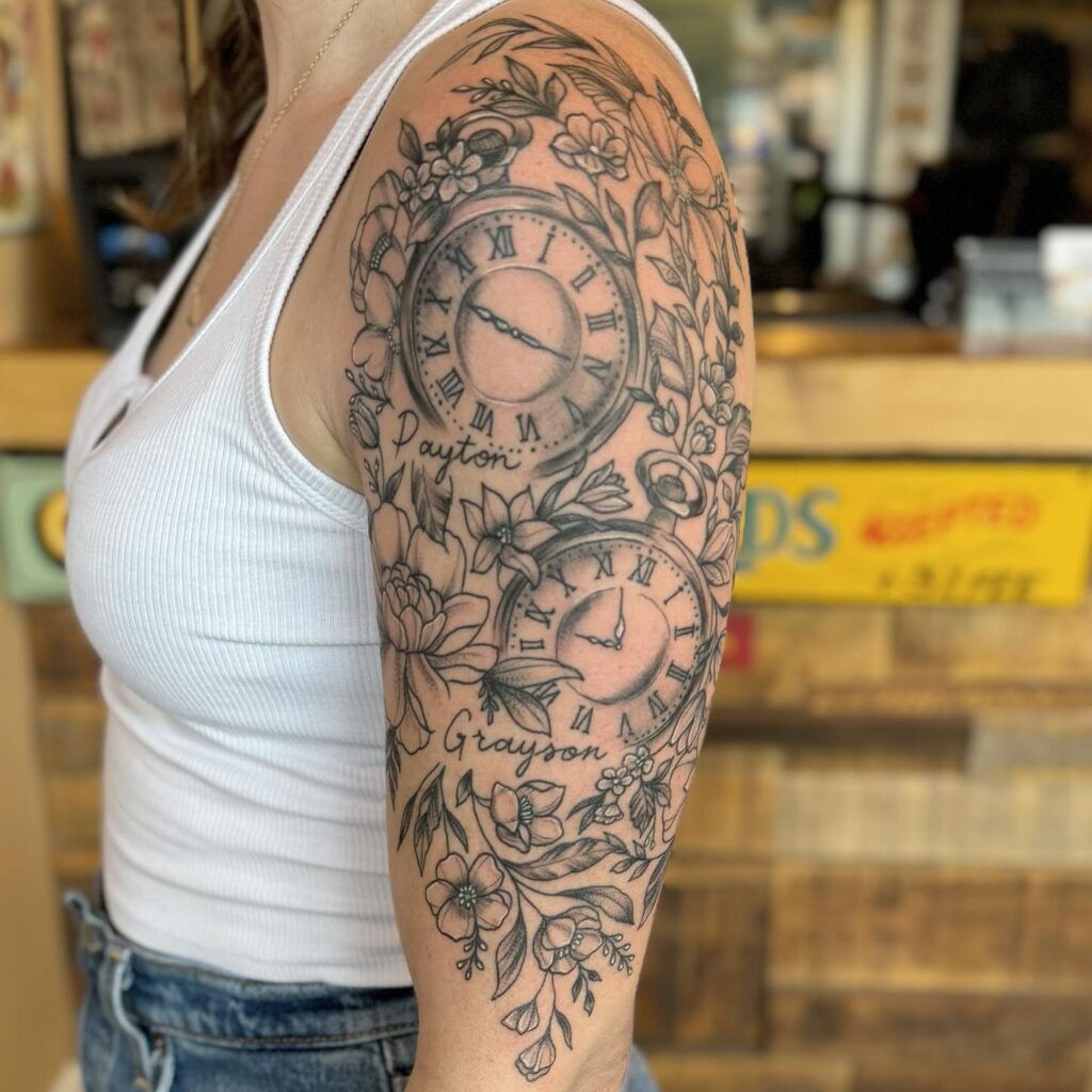 Floral Half Sleeve Tattoo with Clocks and Names Tattoo Design