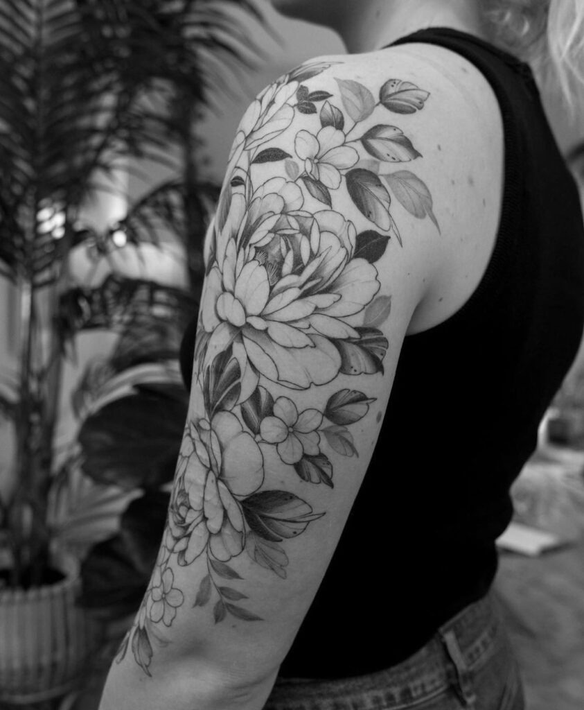 Floral Half Sleeve Tattoo with Shaded Peonies Tattoo Design