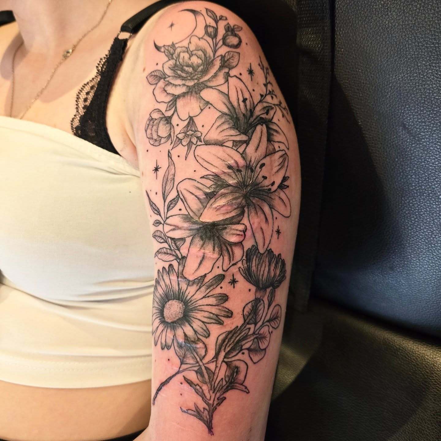 Floral Moon and Stars Tattoo Sleeve Tattoo Design
