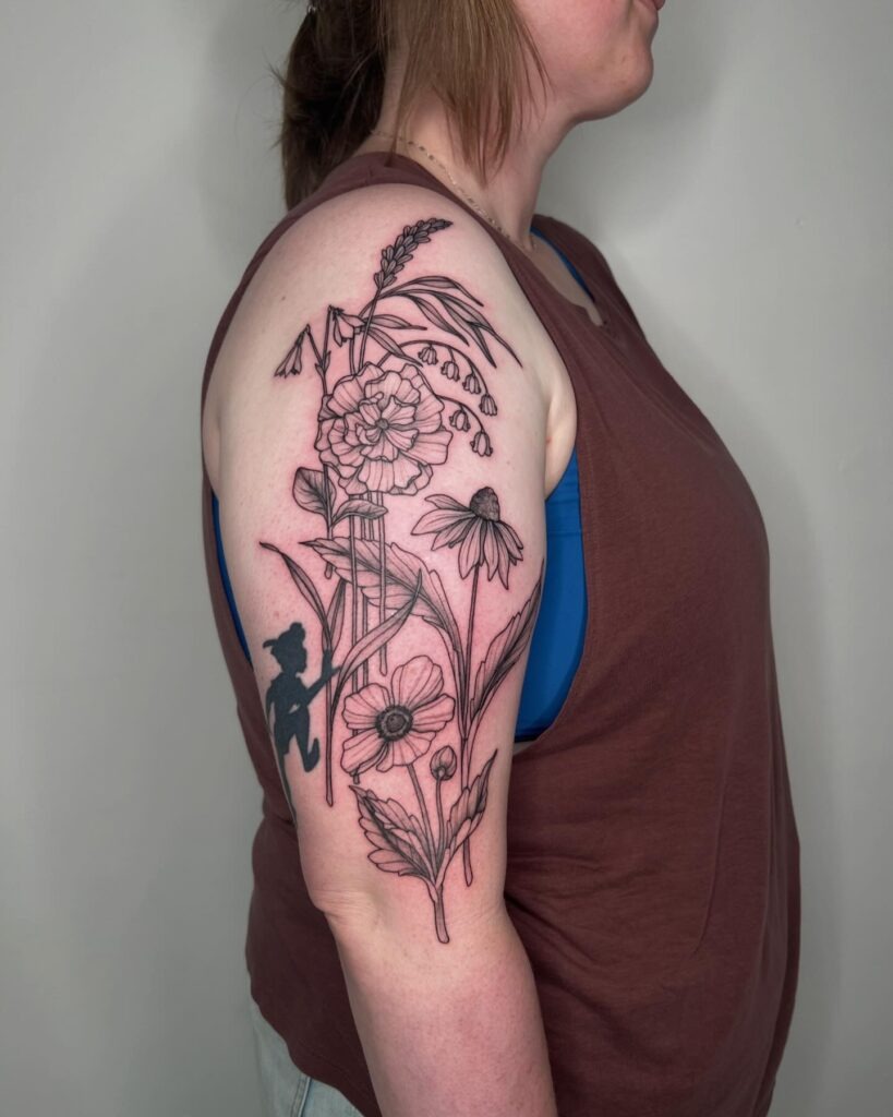 Garden Half Sleeve Tattoo with Silhouette Detail Tattoo Design