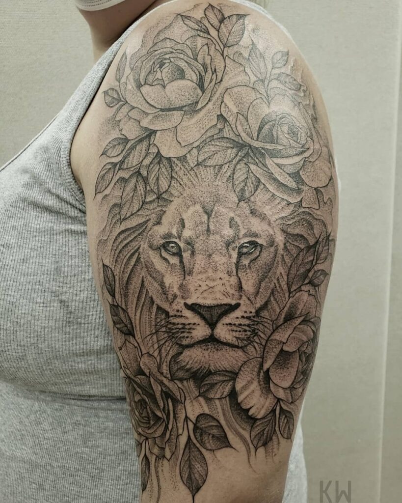 Lion and Roses Half Sleeve Tattoo Tattoo Design