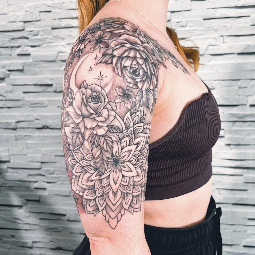 Mandala and Floral Half Sleeve Tattoo with Crescent Moon Tattoo Design