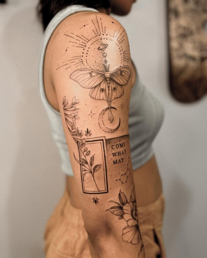 Piece Half Sleeve Tattoo with Moth and Moon Elements Tattoo Design