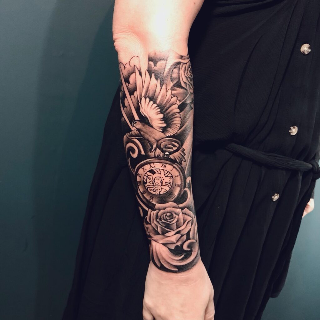 Pocket Watch, Dove, and Rose Half Sleeve Tattoo Tattoo Design