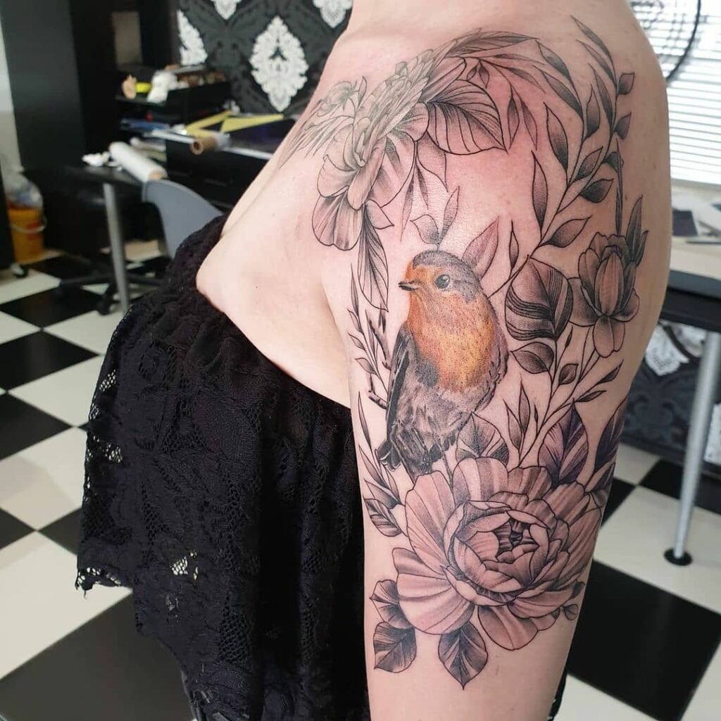 Robin and Peony Floral Half Sleeve Tattoo Tattoo Design