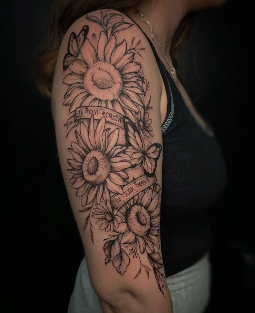 Sunflower and Butterfly Memorial Tattoo with Roman Numerals Tattoo Design