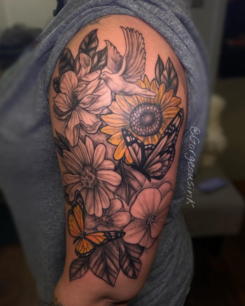 Sunflower, Butterflies, and Hummingbird Half Sleeve Tattoo Tattoo Design