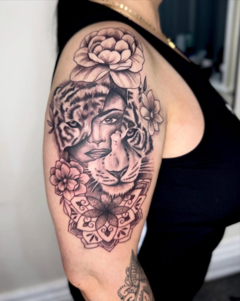 Tiger and Woman Half Sleeve Tattoo with Mandala and Flowers Tattoo Design