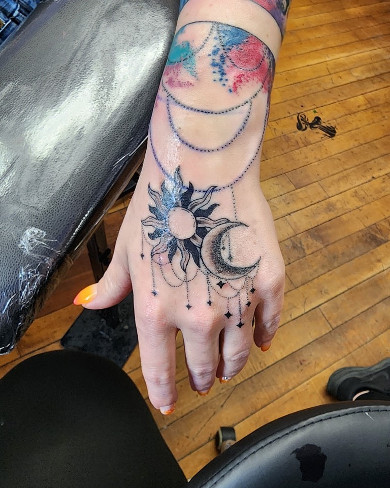 Colorful Traditional Moth and Floral Tattoo Tattoo Design