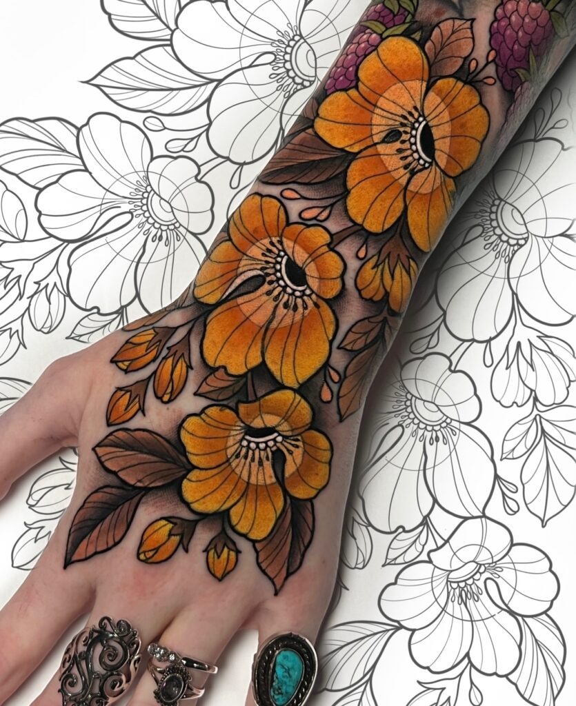 Delicate Hand Tattoo with Minimalist Motifs Tattoo Design