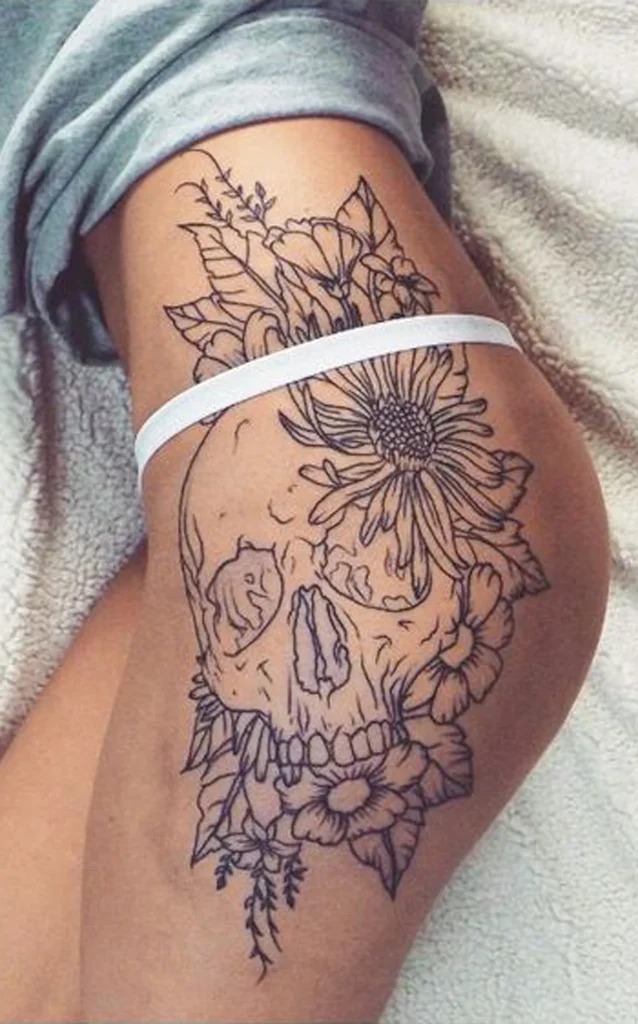 Floral and Skull Thigh Tattoo Tattoo Design