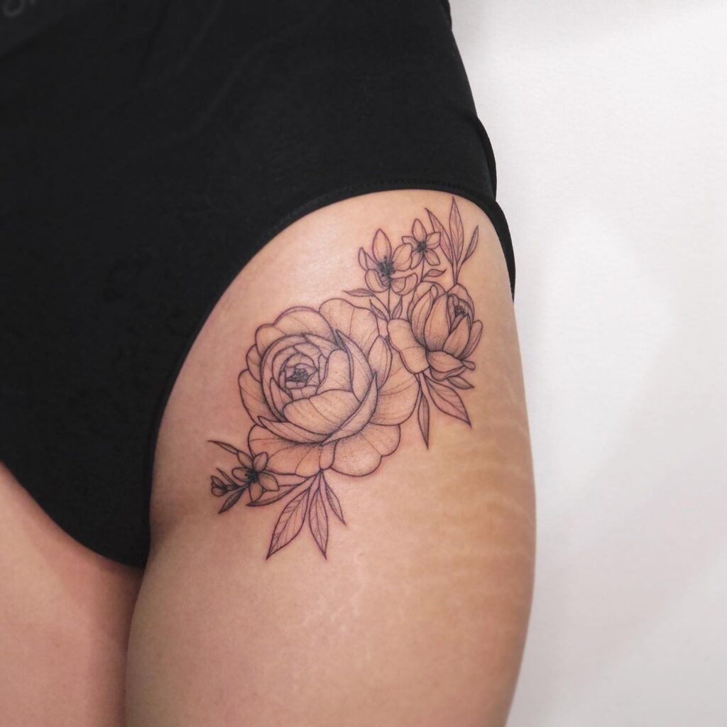 Black and Grey Peony Bouquet Hip Tattoo Tattoo Design
